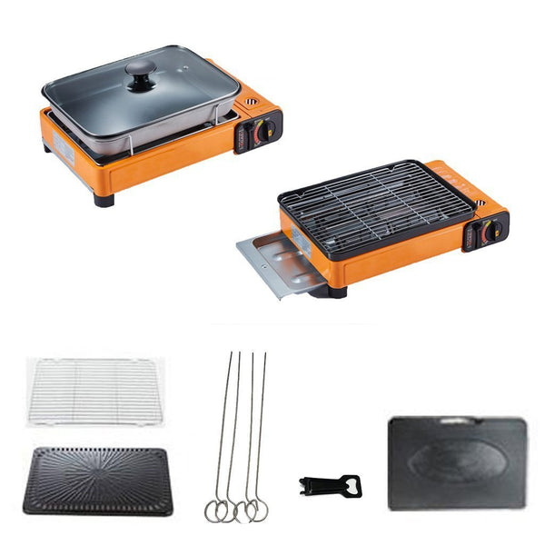 Portable Gas Stove Burner Butane BBQ Camping Gas Cooker With Non Stick Plate Orange with Fish Pan and Lid